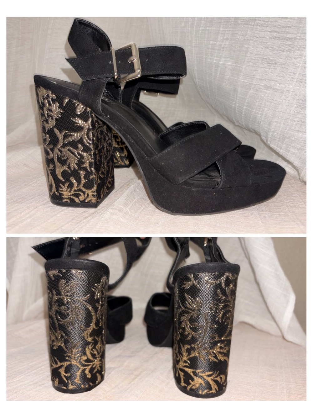 Parker & Sky Black & Gold Floral Platform Ankle Strap Block Heel Women's 10 Y2K